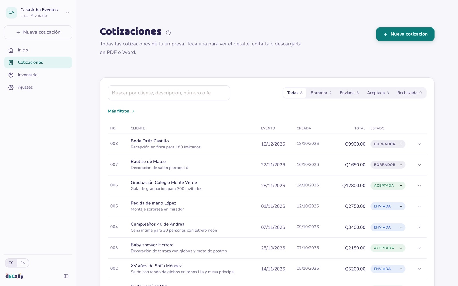 Lista de cotizaciones en dECally con su cliente, fecha del evento, total y estado