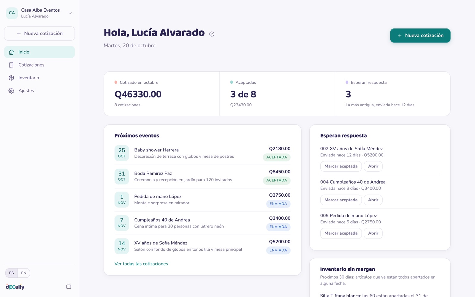 Inicio de dECally con lo cotizado del mes, los próximos eventos y las cotizaciones que esperan respuesta