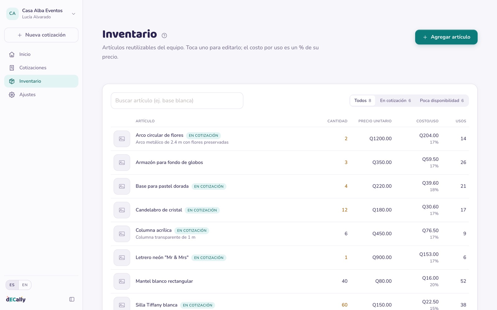Inventario en dECally con cantidad, precio, costo por uso y usos de cada artículo
